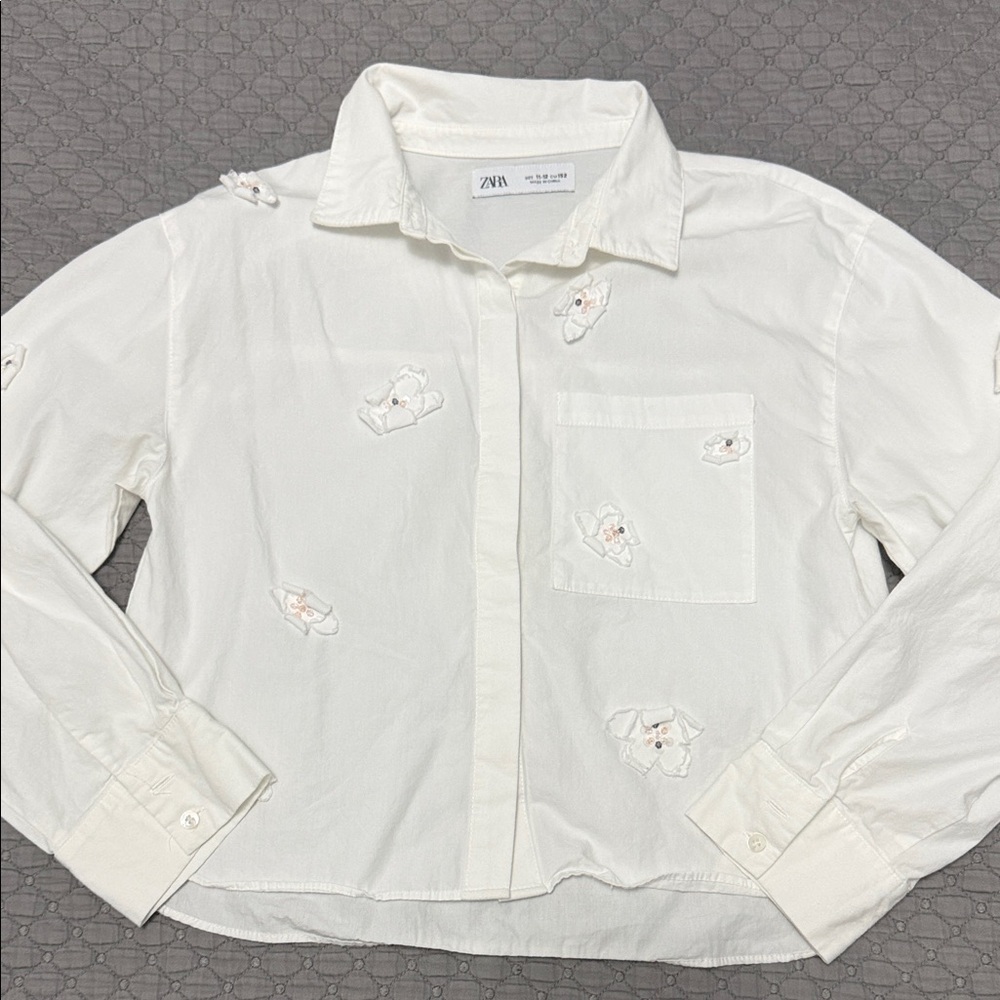 Zara Kids Cream Button Down Shirt with Embroidery